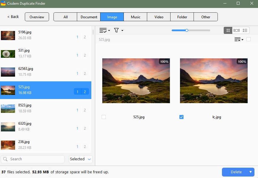 The Images tab showing groups of duplicate photos