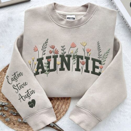 Custom Embroidered Auntie Wildflower Sweatshirt Auntie Floral Embroidery Shirt Mother's Day Personalized Gift For Aunt image 0