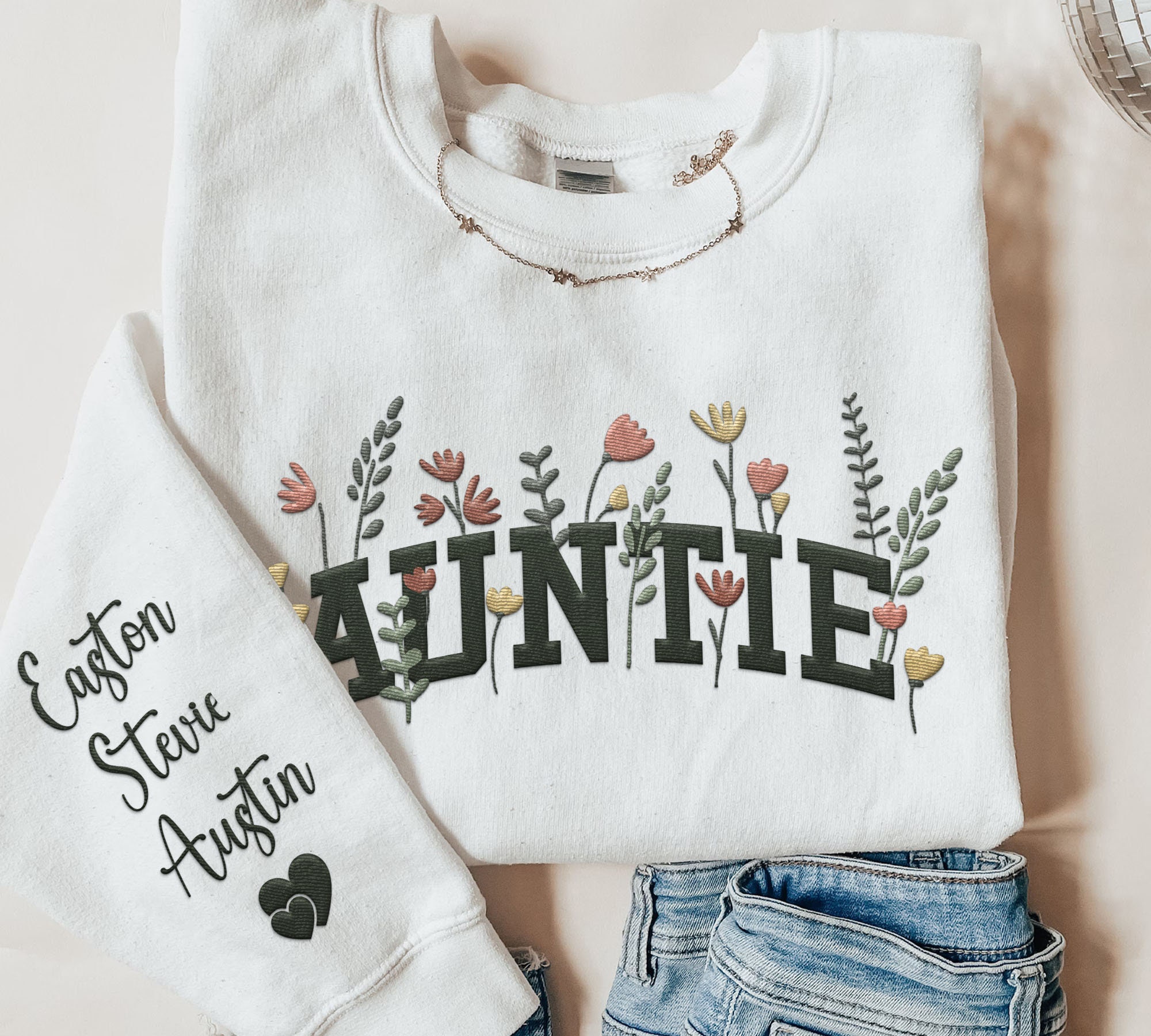 Custom Embroidered Auntie Wildflower Sweatshirt Auntie Floral Embroidery Shirt Mother's Day Personalized Gift For Aunt image 3