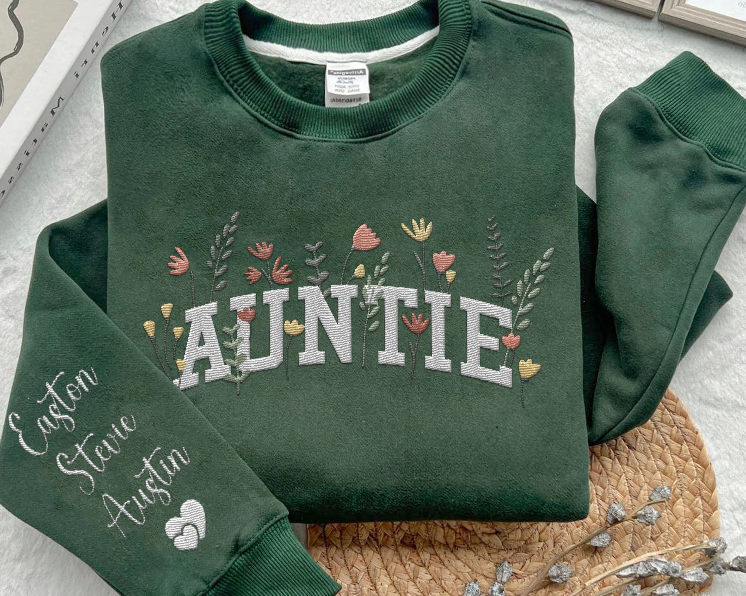 Custom Embroidered Auntie Wildflower Sweatshirt Auntie Floral Embroidery Shirt Mother's Day Personalized Gift For Aunt image 4