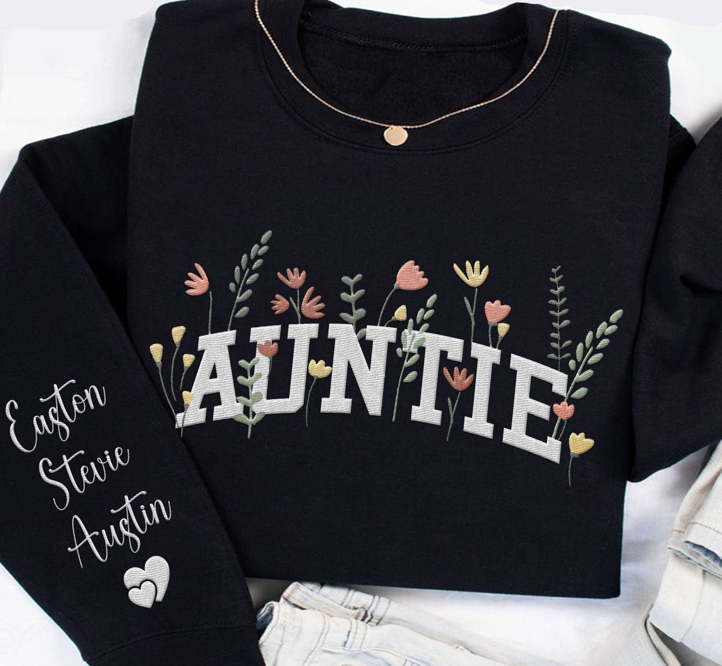 Custom Embroidered Auntie Wildflower Sweatshirt Auntie Floral Embroidery Shirt Mother's Day Personalized Gift For Aunt image 5