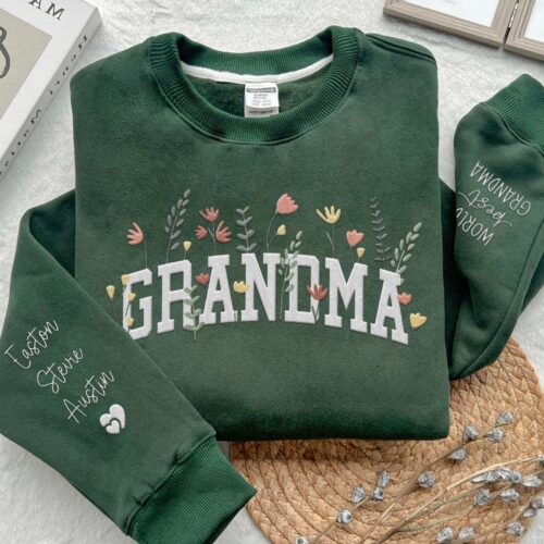 Custom Embroidered World Best Grandma Wildflower Sweatshirt Grandmother Grandkids Floral Embroidery Shirt Personalized Gift Name On Sleeves image 0