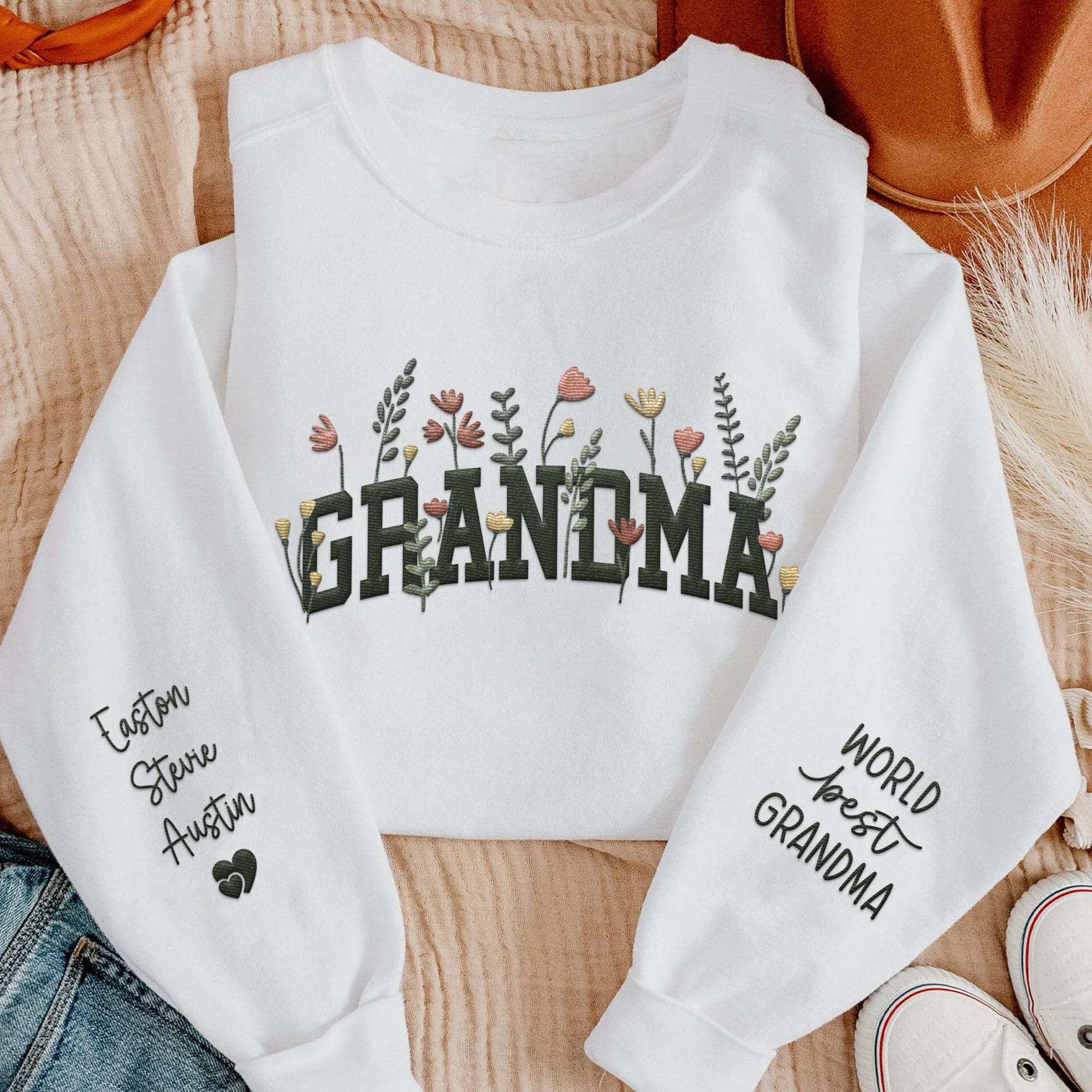 Custom Embroidered World Best Grandma Wildflower Sweatshirt Grandmother Grandkids Floral Embroidery Shirt Personalized Gift Name On Sleeves image 4