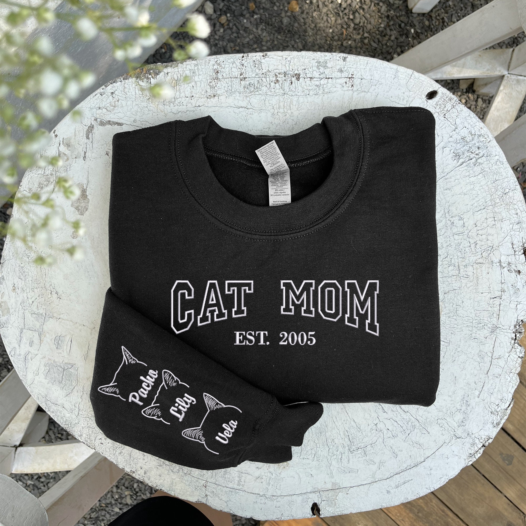 Embroidered Cat Mom Sweatshirt - Custom Pet Ears & Name Crewneck image 1