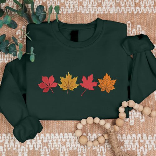 Vintage Fall Sweater - Embroidered Autumn Leaves Crewneck Unisex Fall Season Outfit Halloween Thanksgiving Gift image 2