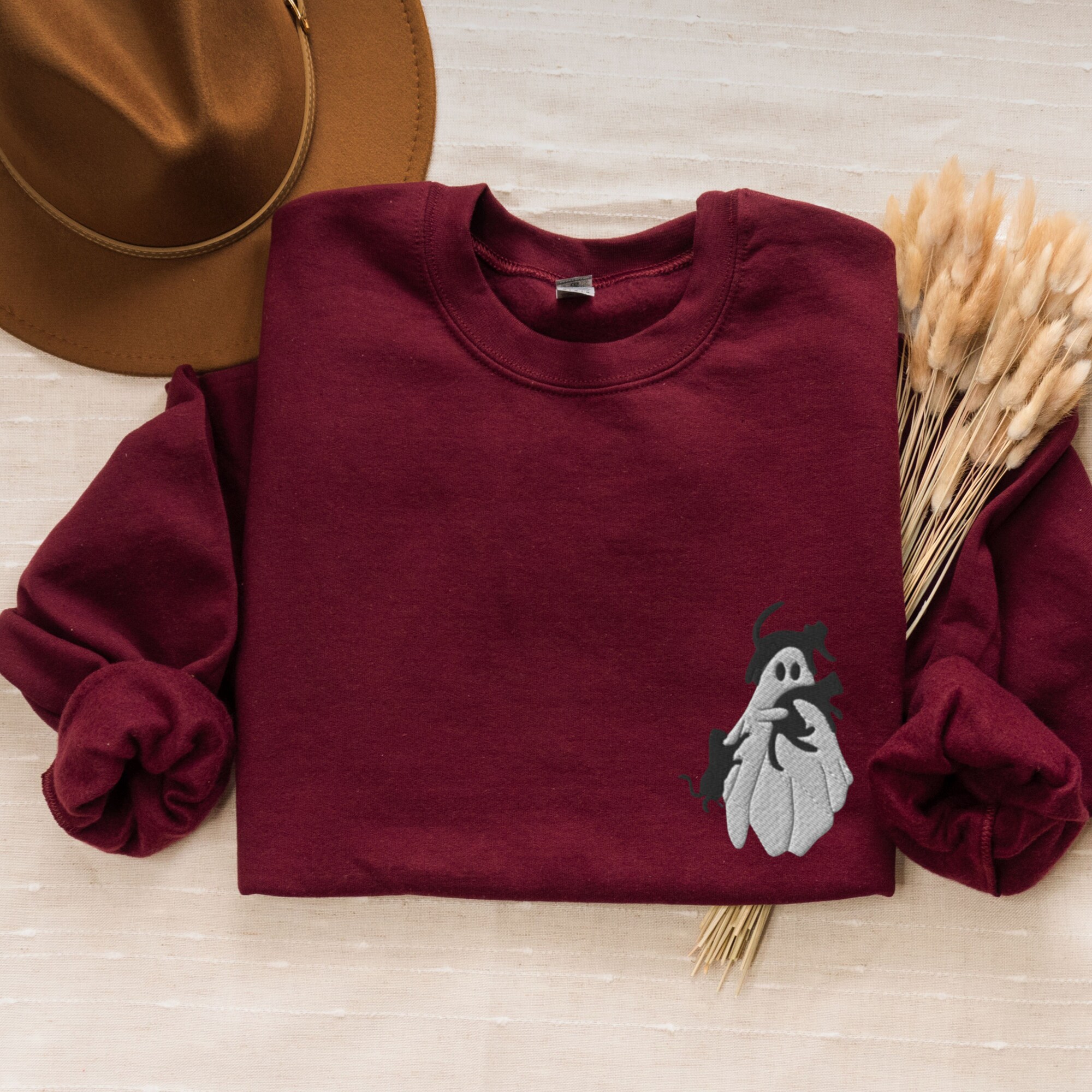 Embroidered Halloween Sweatshirt - Ghost & Black Cats Crewneck Spooky Season Cat Lover Gift image 6