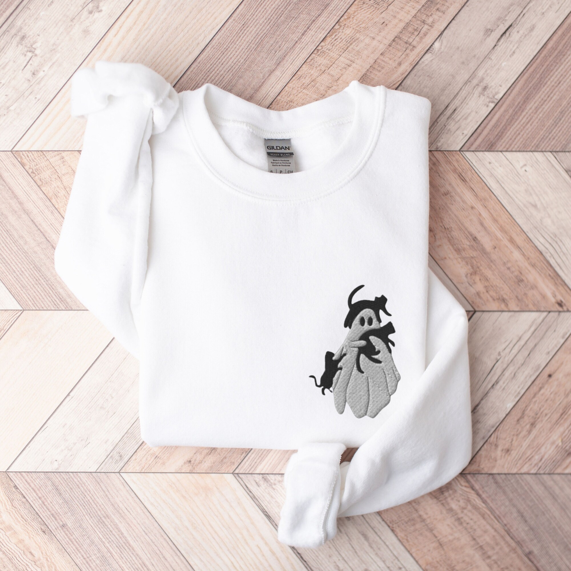 Embroidered Halloween Sweatshirt - Ghost & Black Cats Crewneck Spooky Season Cat Lover Gift image 3