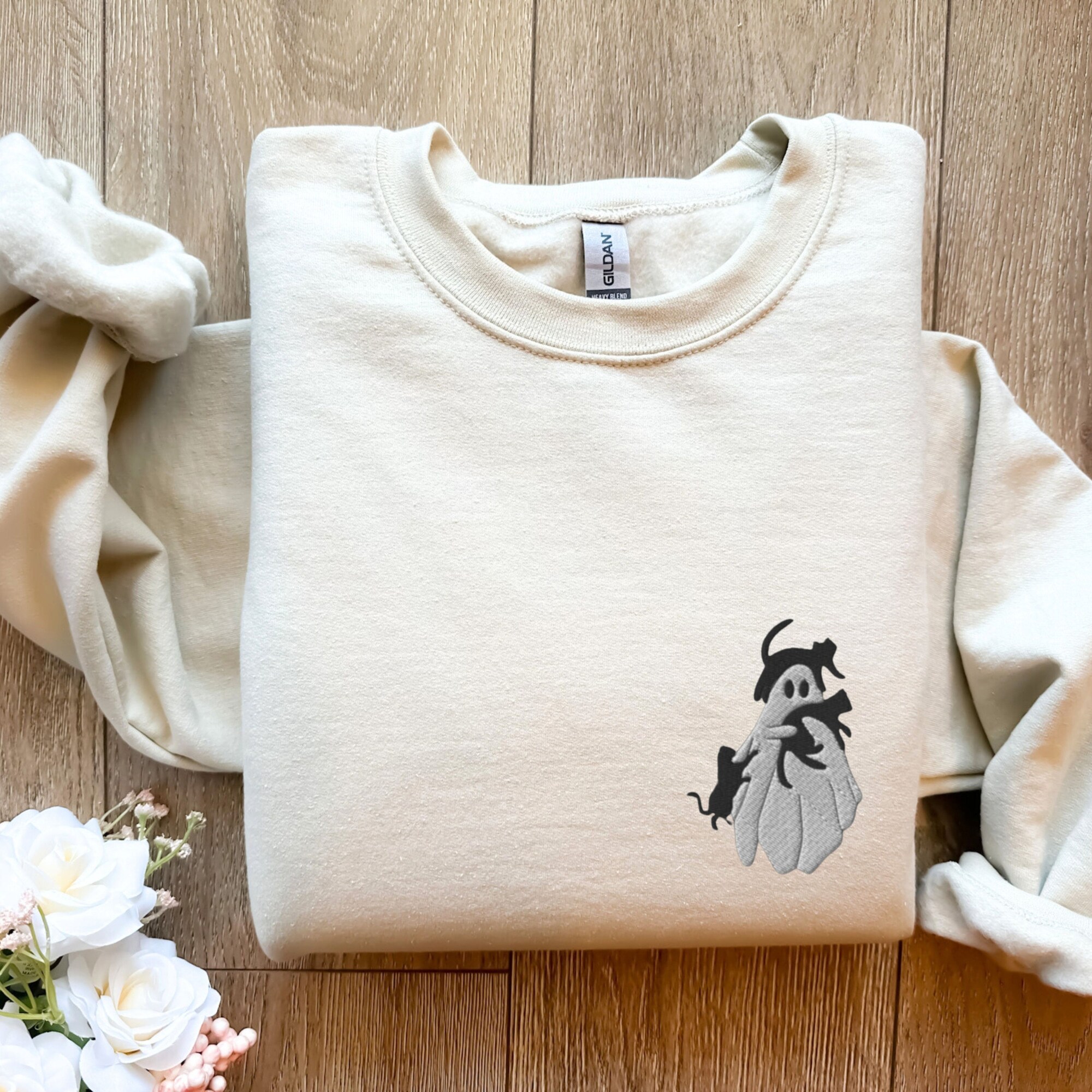 Embroidered Halloween Sweatshirt - Ghost & Black Cats Crewneck Spooky Season Cat Lover Gift image 5