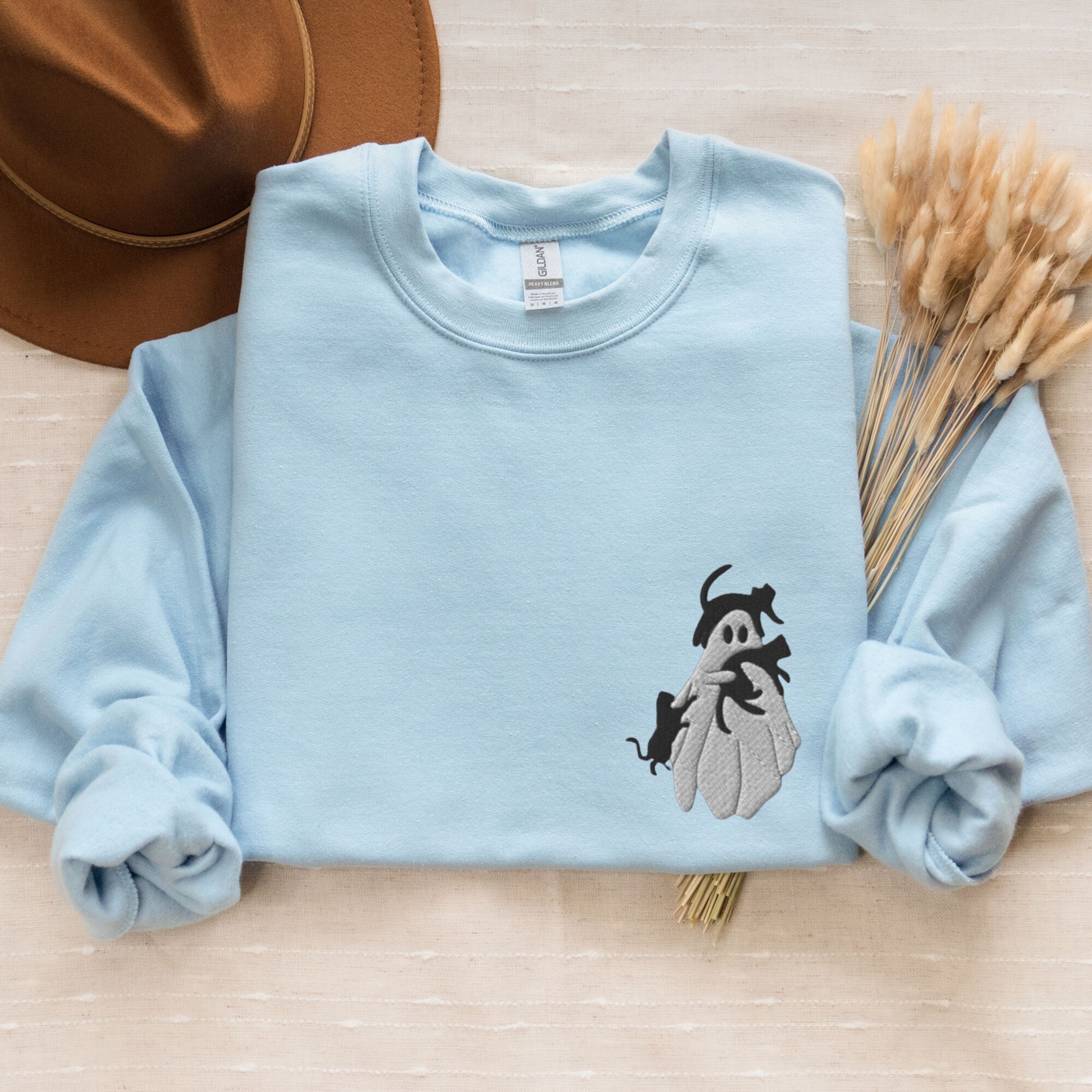 Embroidered Halloween Sweatshirt - Ghost & Black Cats Crewneck Spooky Season Cat Lover Gift image 4