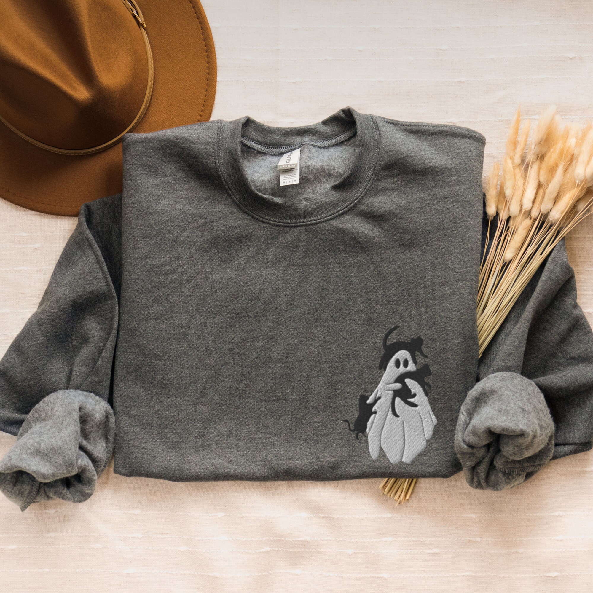 Embroidered Halloween Sweatshirt - Ghost & Black Cats Crewneck Spooky Season Cat Lover Gift image 8