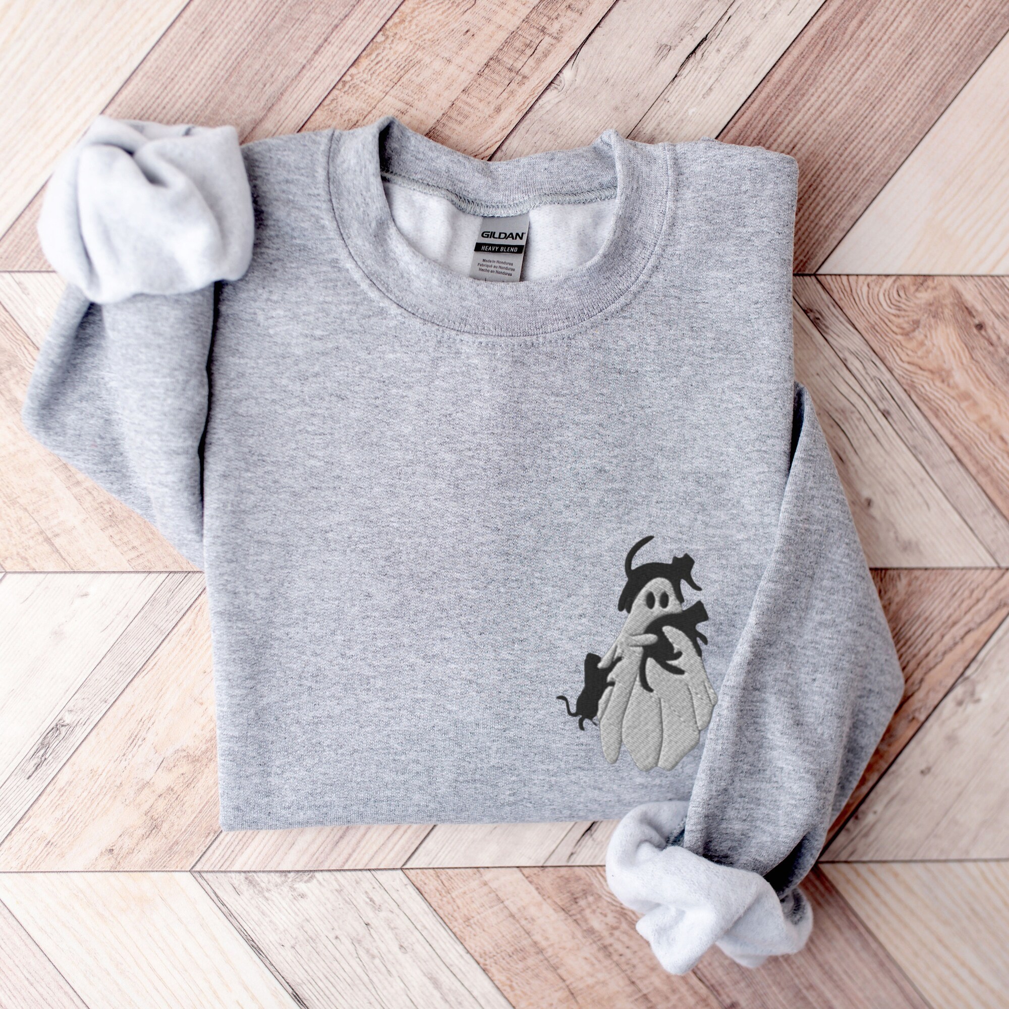 Embroidered Halloween Sweatshirt - Ghost & Black Cats Crewneck Spooky Season Cat Lover Gift image 7