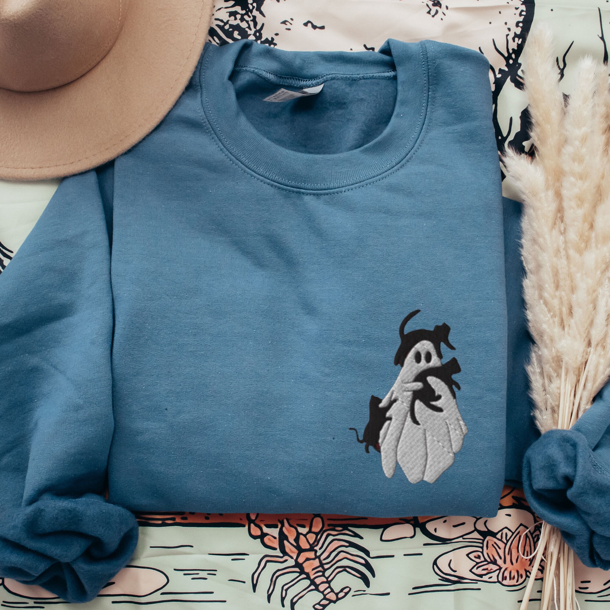 Embroidered Halloween Sweatshirt - Ghost & Black Cats Crewneck Spooky Season Cat Lover Gift image 9