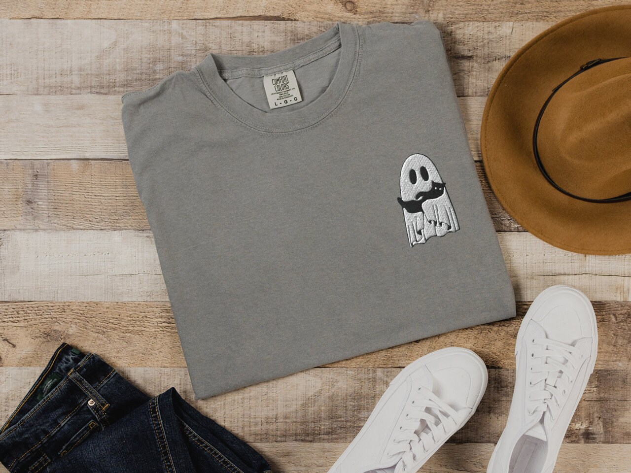 Embroidered Ghost Shirt - Halloween Crewneck with Ghost Cat Black Cat image 7