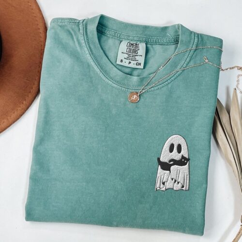 Embroidered Ghost Shirt - Halloween Crewneck with Ghost Cat Black Cat image 0