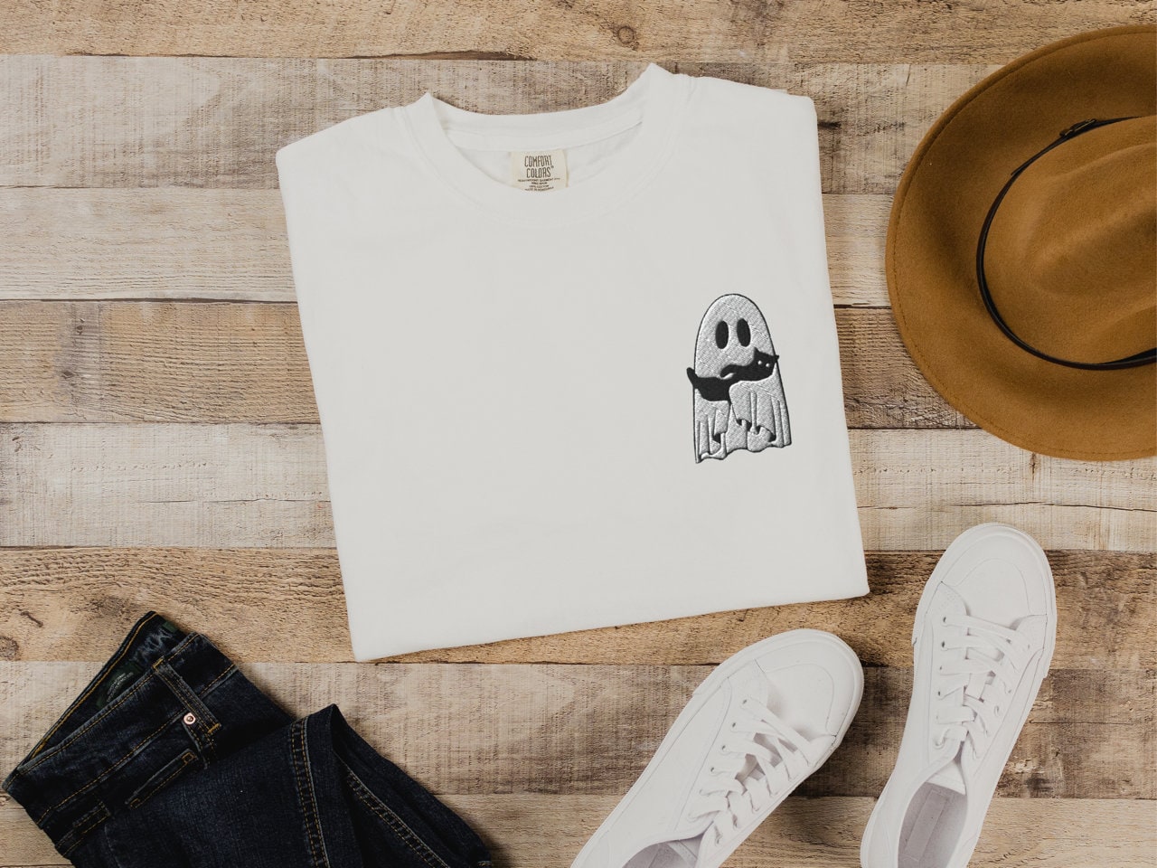 Embroidered Ghost Shirt - Halloween Crewneck with Ghost Cat Black Cat image 1