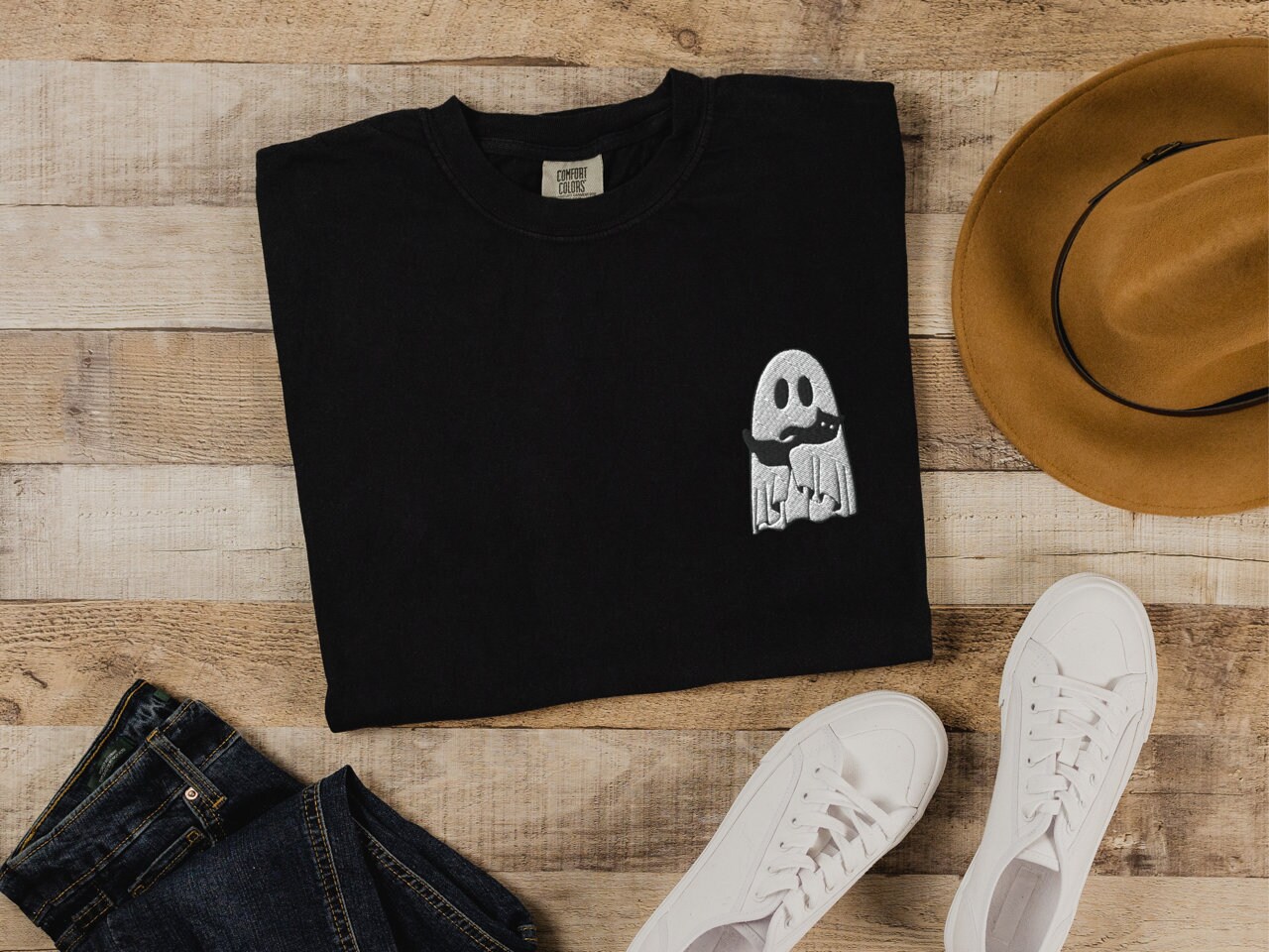 Embroidered Ghost Shirt - Halloween Crewneck with Ghost Cat Black Cat image 6