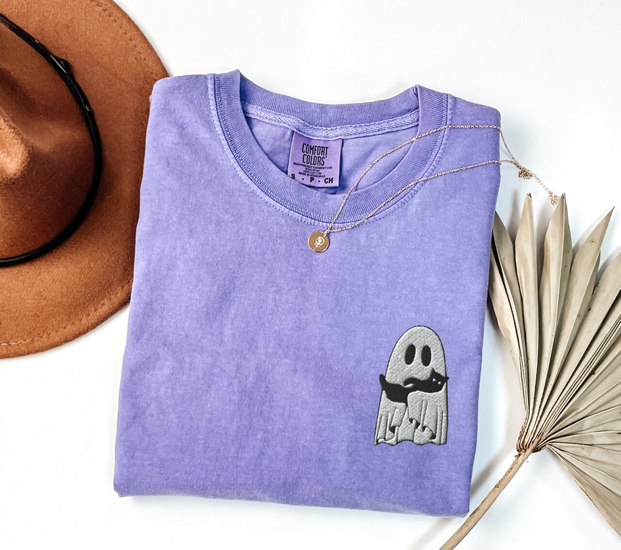 Embroidered Ghost Shirt - Halloween Crewneck with Ghost Cat Black Cat image 4