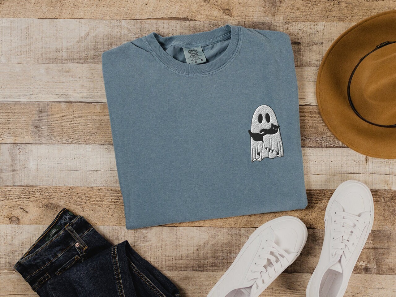 Embroidered Ghost Shirt - Halloween Crewneck with Ghost Cat Black Cat image 5