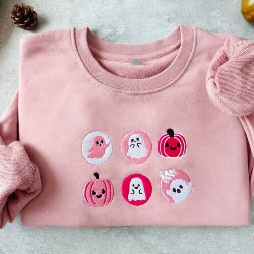 Pink Spooky Season Crewneck Sweatshirt - Ghost And Pumpkin Embroidered Halloween Cookies Boo Sweatshirt image 0