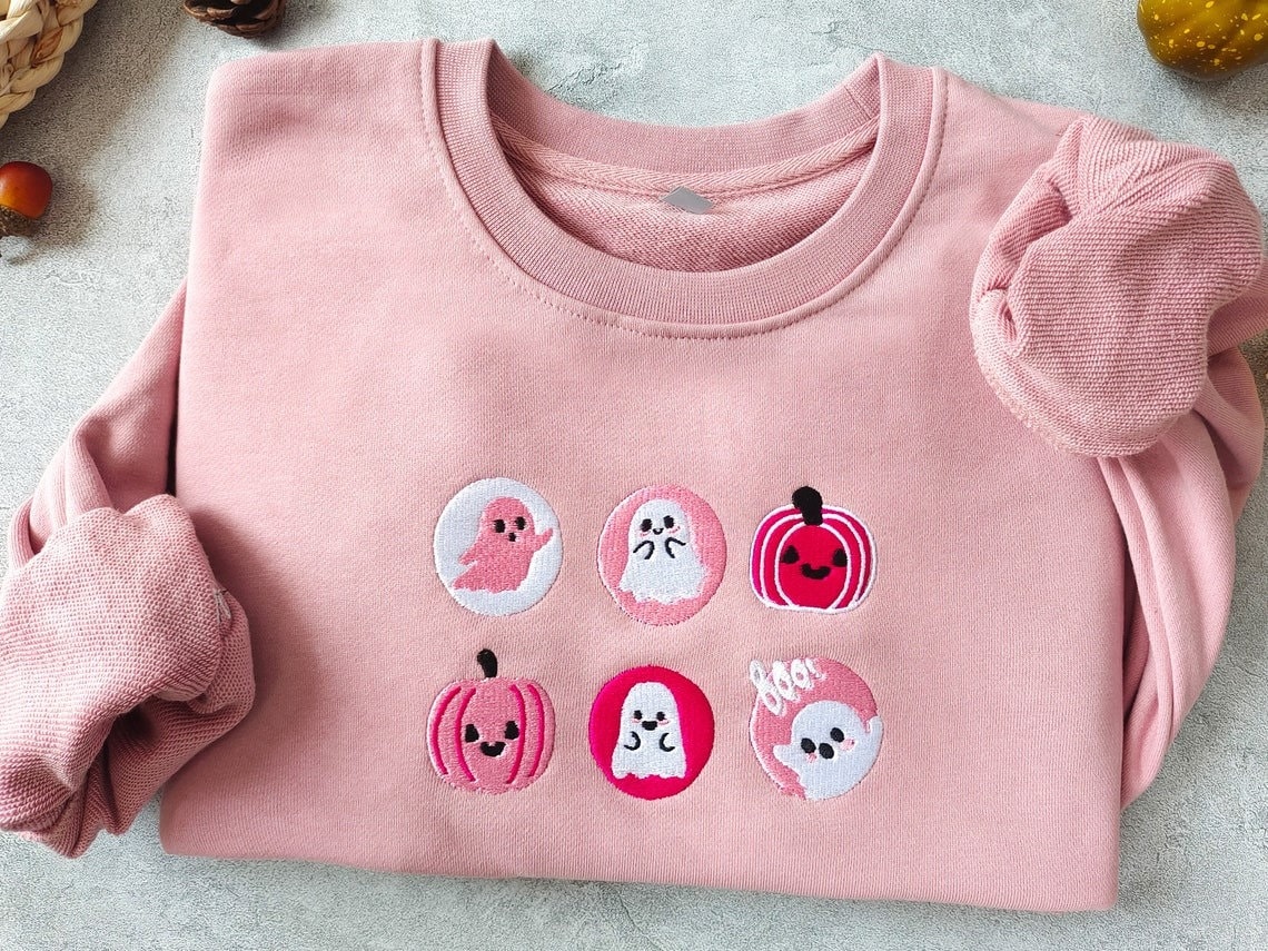 Pink Spooky Season Crewneck Sweatshirt - Ghost And Pumpkin Embroidered Halloween Cookies Boo Sweatshirt image 3