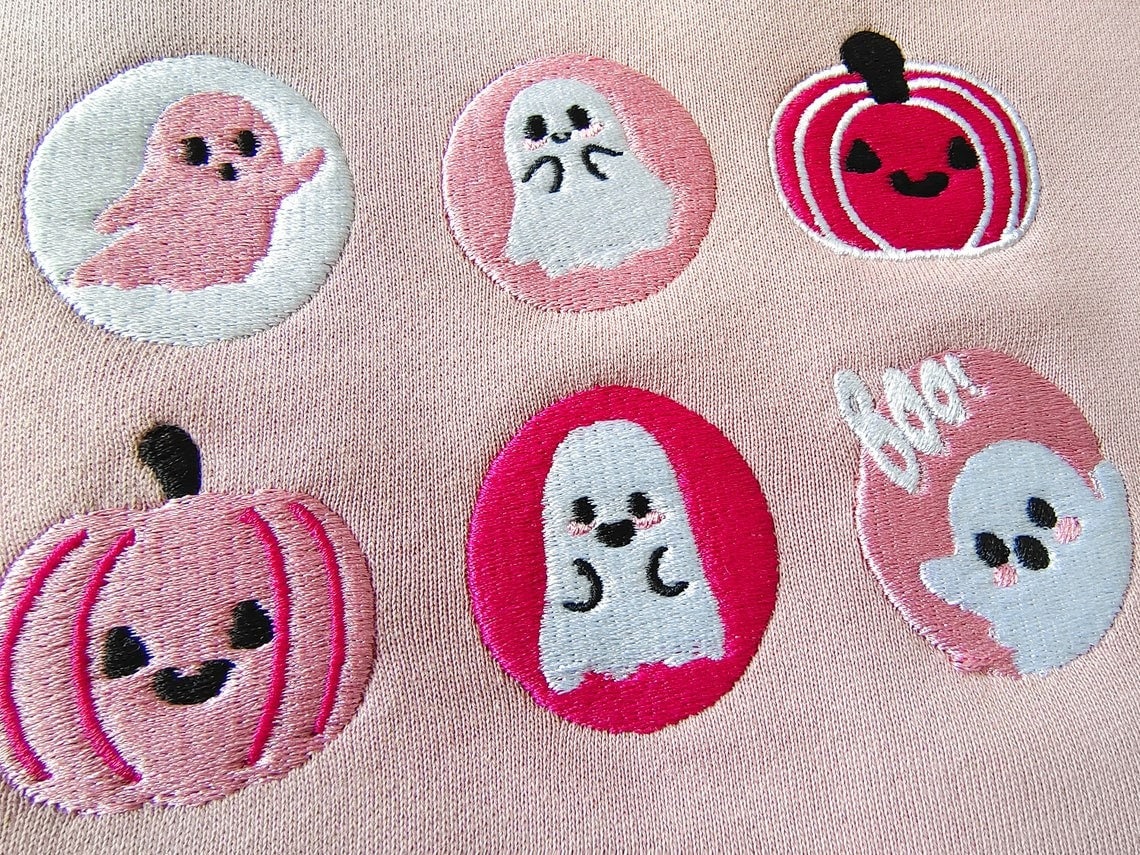 Pink Spooky Season Crewneck Sweatshirt - Ghost And Pumpkin Embroidered Halloween Cookies Boo Sweatshirt image 1