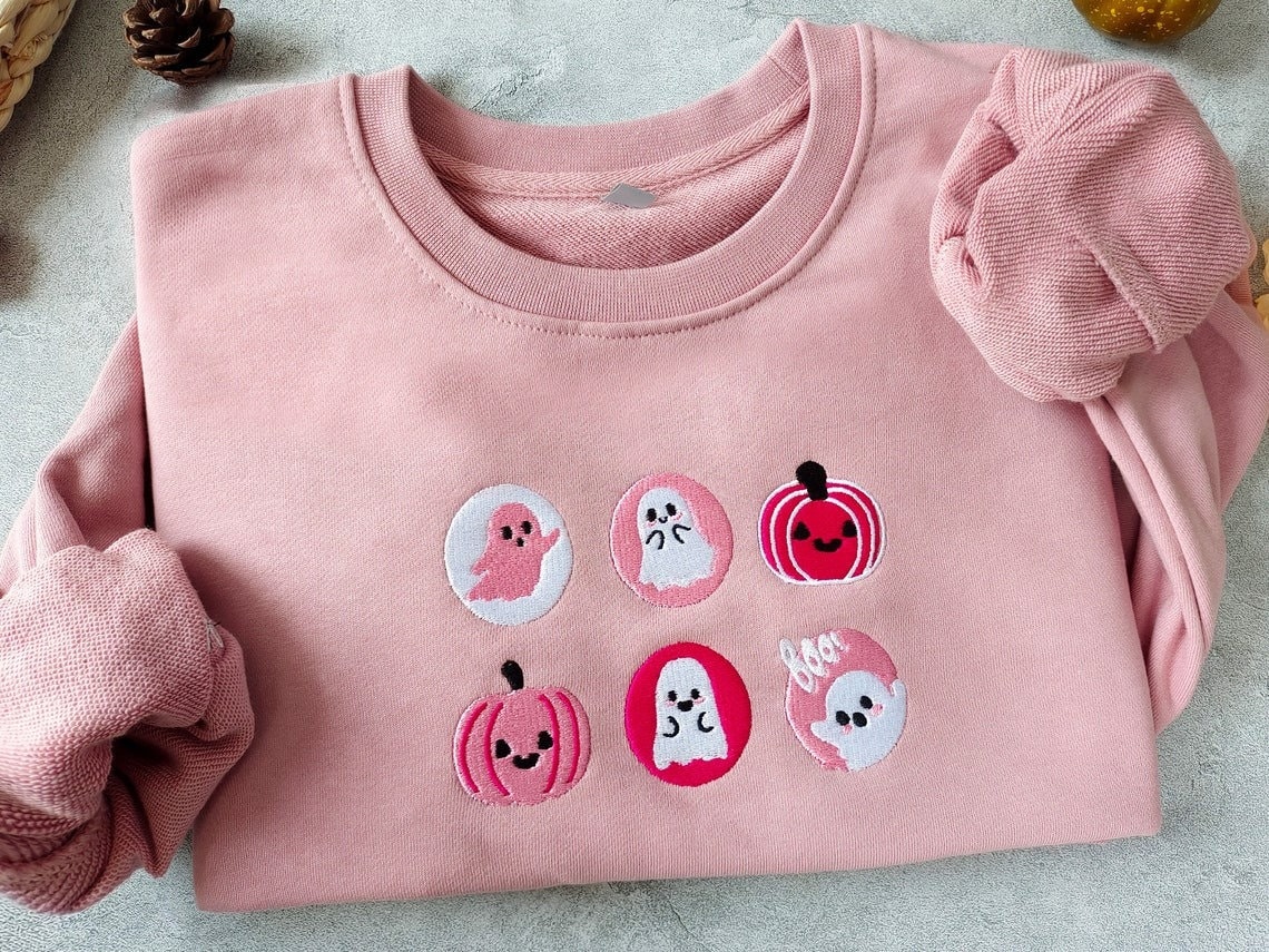 Pink Spooky Season Crewneck Sweatshirt - Ghost And Pumpkin Embroidered Halloween Cookies Boo Sweatshirt image 2