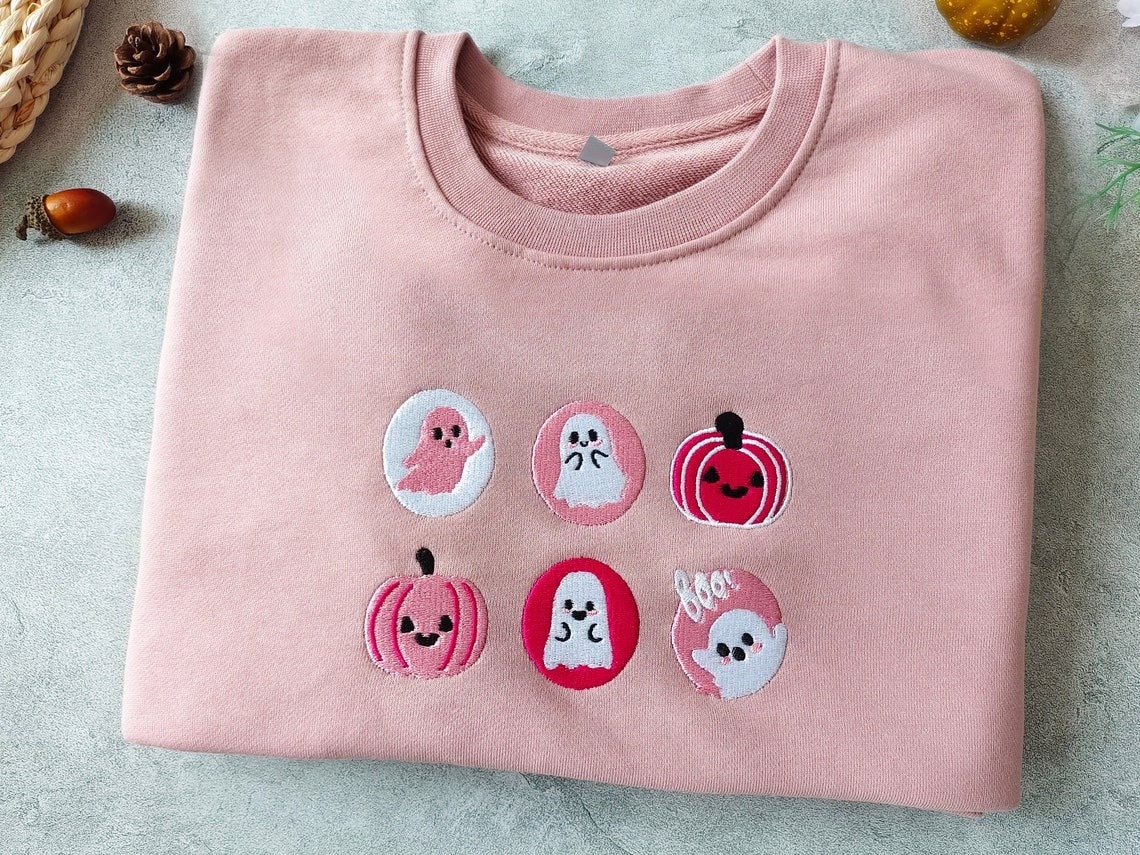 Pink Spooky Season Crewneck Sweatshirt - Ghost And Pumpkin Embroidered Halloween Cookies Boo Sweatshirt image 4