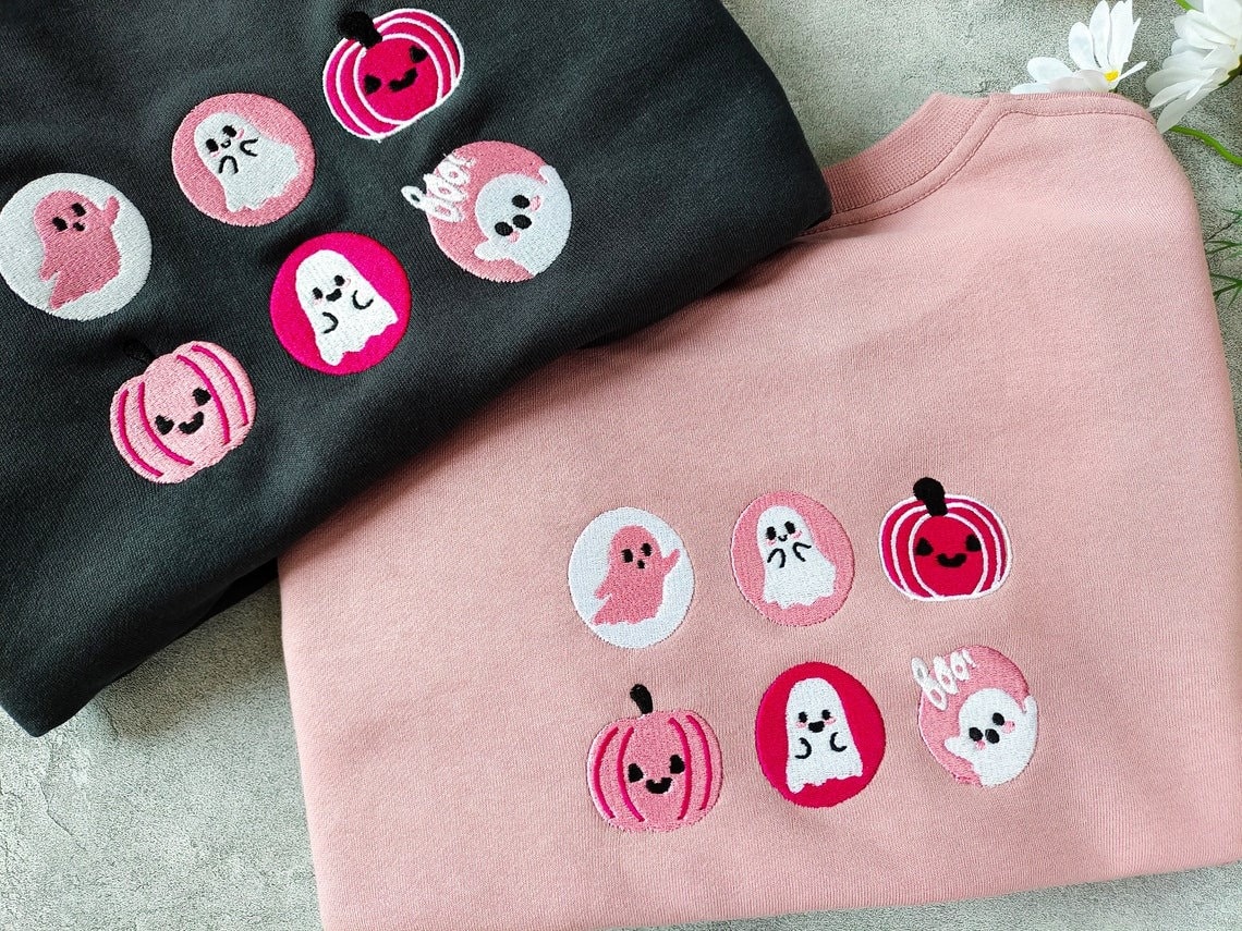 Pink Spooky Season Crewneck Sweatshirt - Ghost And Pumpkin Embroidered Halloween Cookies Boo Sweatshirt image 5