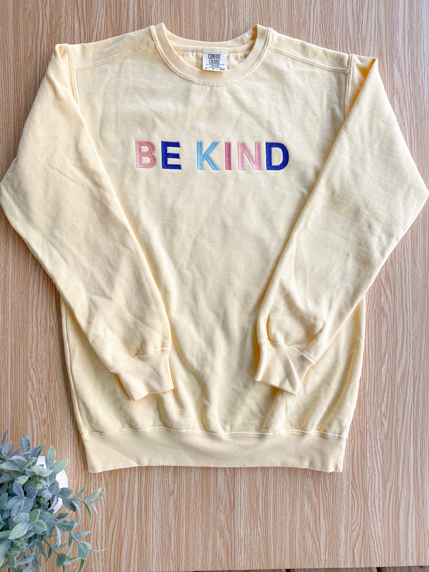 Be Kind Comfort Colors Light Yellow Crewneck Unisex Rainbow Embroidered Sweatshirt image 2