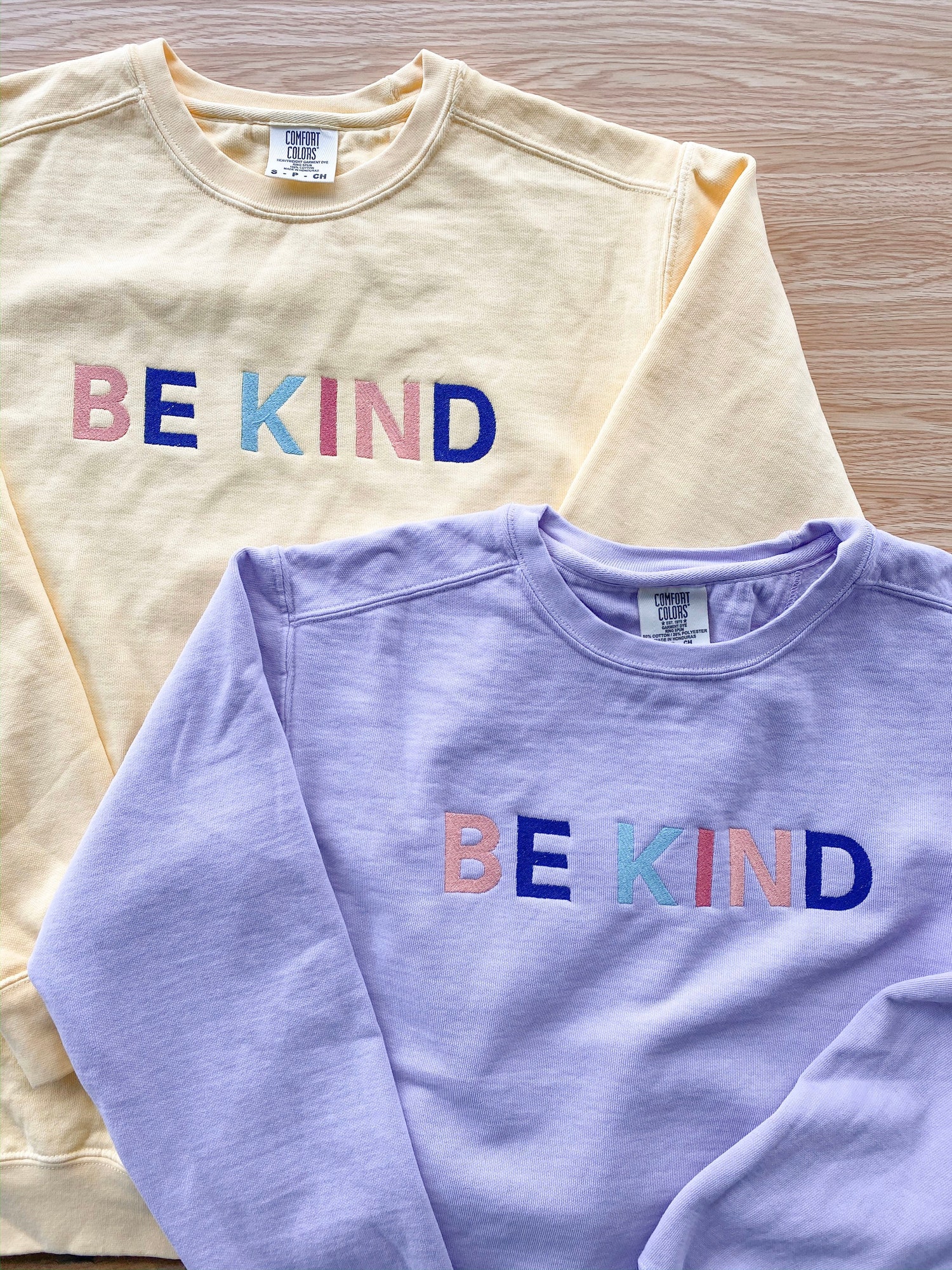 Be Kind Comfort Colors Light Yellow Crewneck Unisex Rainbow Embroidered Sweatshirt image 1