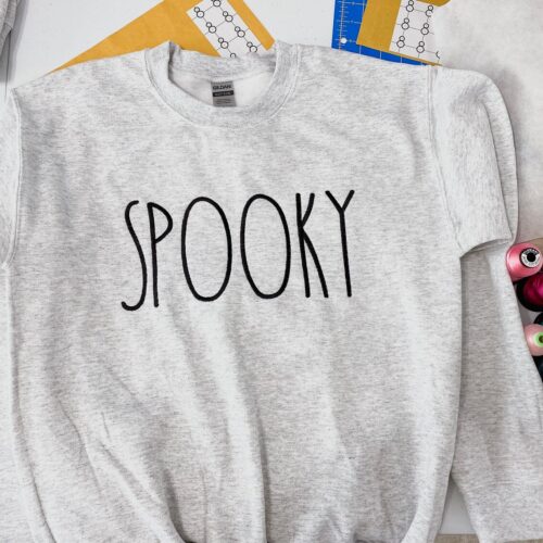 Spooky Halloween Ghost Black Gildan Crewneck Sweatshirt Custom Embroidered Fall PSL Pumpkin image 0