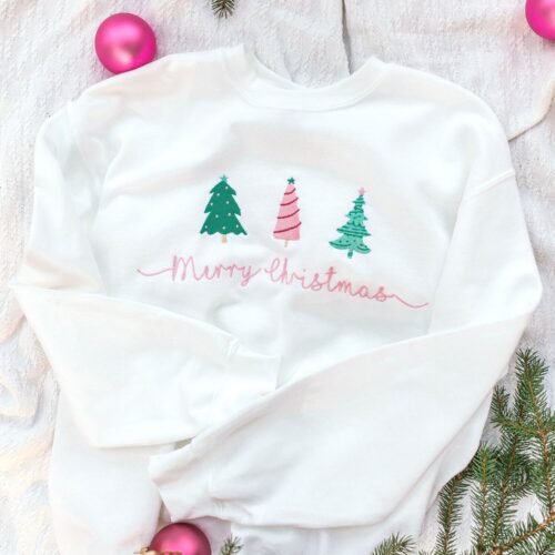 Merry Christmas Embroidered Crewneck Sweatshirt - Three Trees Design - Gildan White Santa Sweater image 0