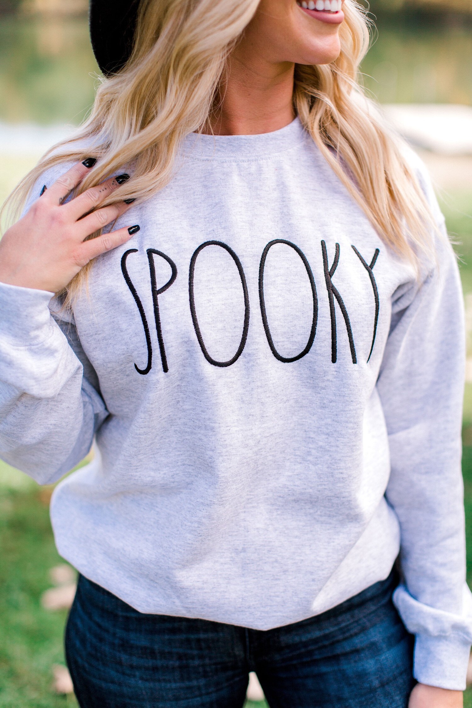 Spooky Halloween Ghost Black Gildan Crewneck Sweatshirt Custom Embroidered Fall PSL Pumpkin image 1