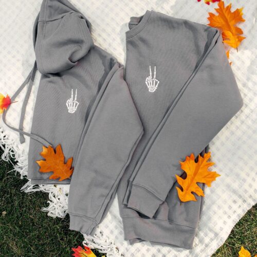 Skeleton Peace Halloween Cropped Hooded Sweatshirt and Jogger Set Grey Bella Canvas Fall Outfit image 0