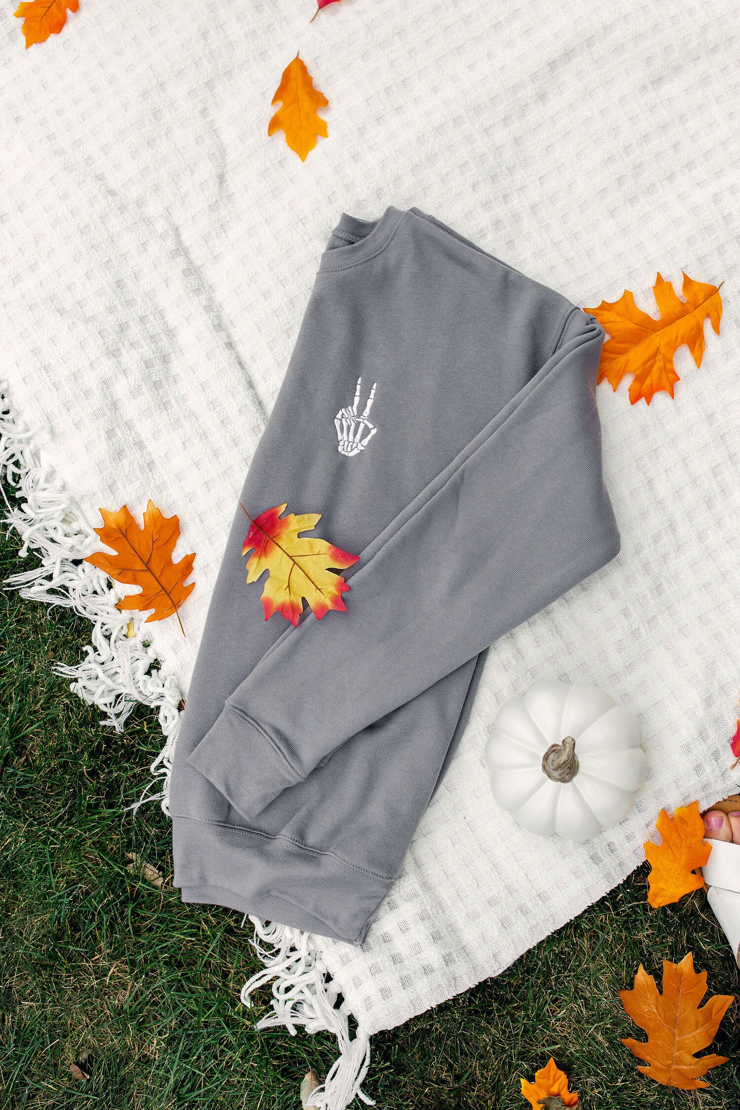 Skeleton Peace Halloween Cropped Hooded Sweatshirt and Jogger Set Grey Bella Canvas Fall Outfit image 3