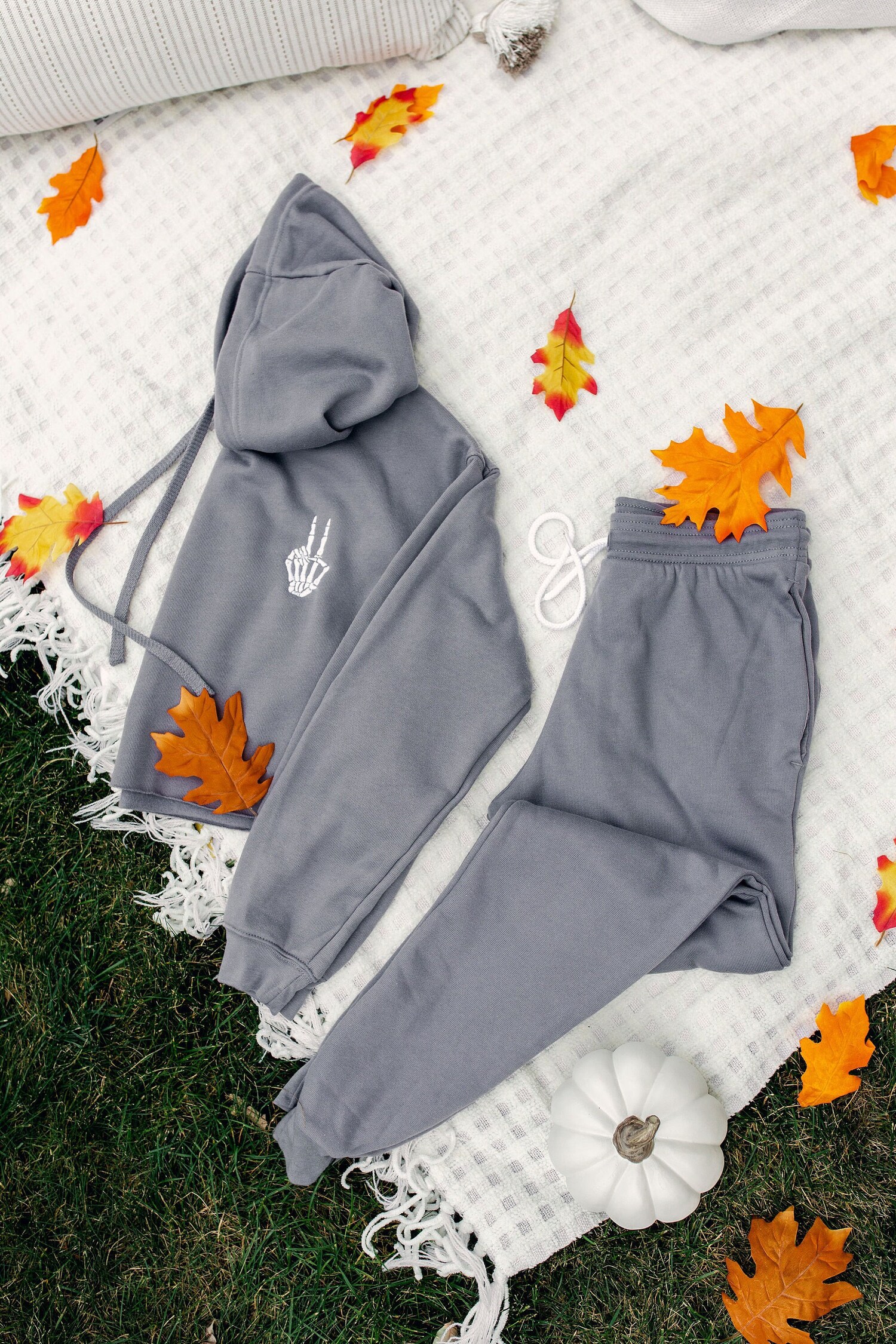 Skeleton Peace Halloween Cropped Hooded Sweatshirt and Jogger Set Grey Bella Canvas Fall Outfit image 1