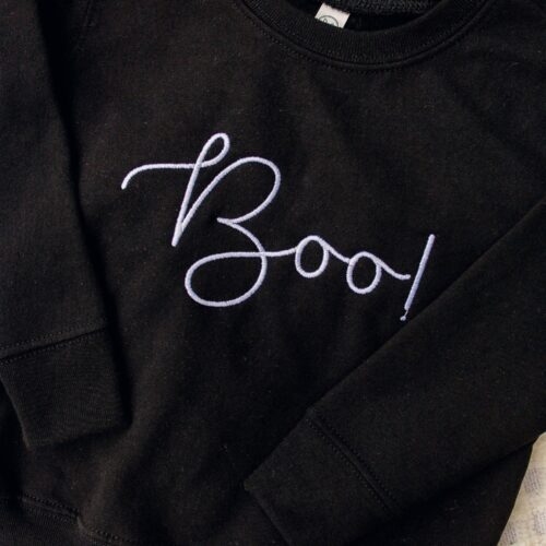 Boo! Halloween Ghost Embroidered Crewneck Sweatshirt for Adults Youth Toddlers Black image 0