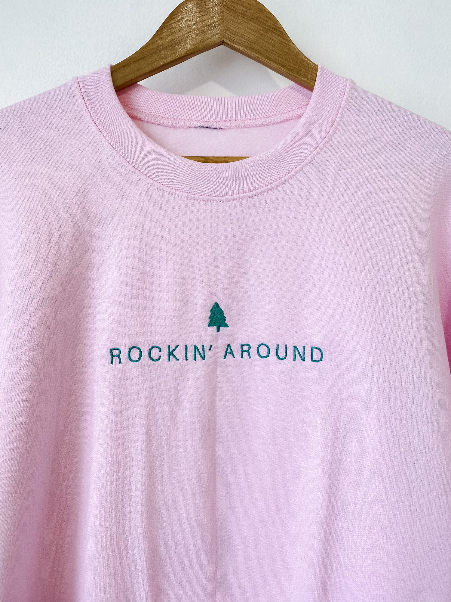 Rockin Around Christmas Tree Crewneck Sweatshirt Embroidered Merry & Bright Pullover image 1