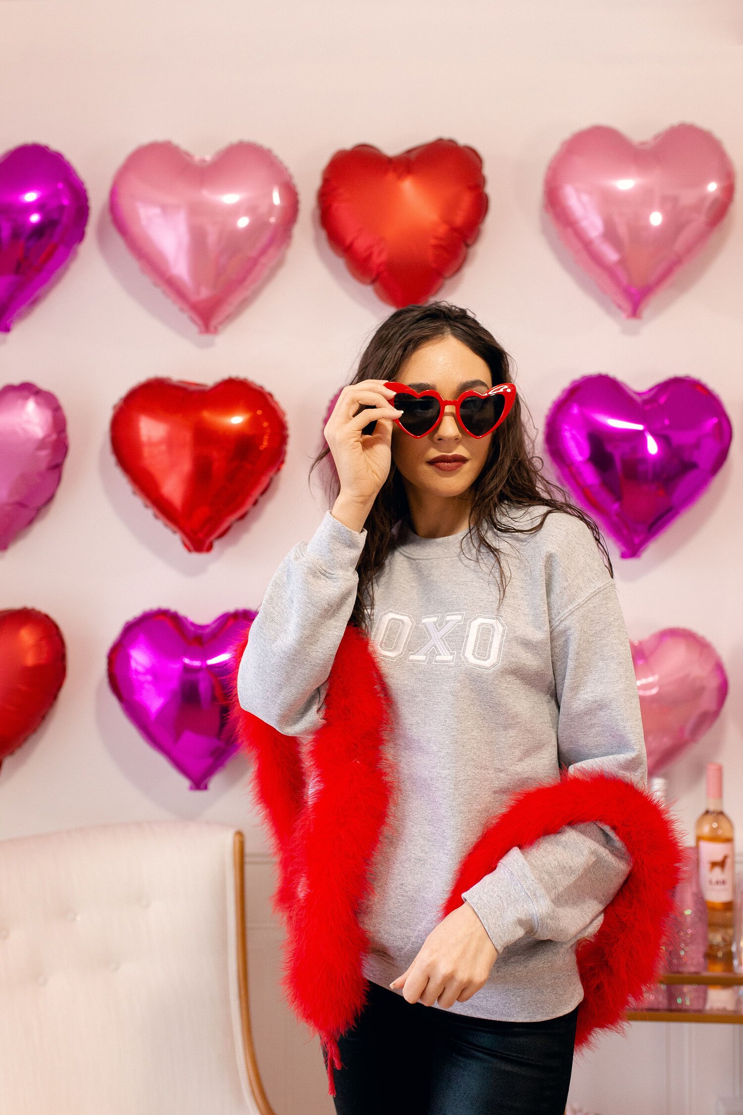 Valentine's Day XOXO Hearts Embroidered Grey Gildan Sweatshirt Galentine Crewneck image 1