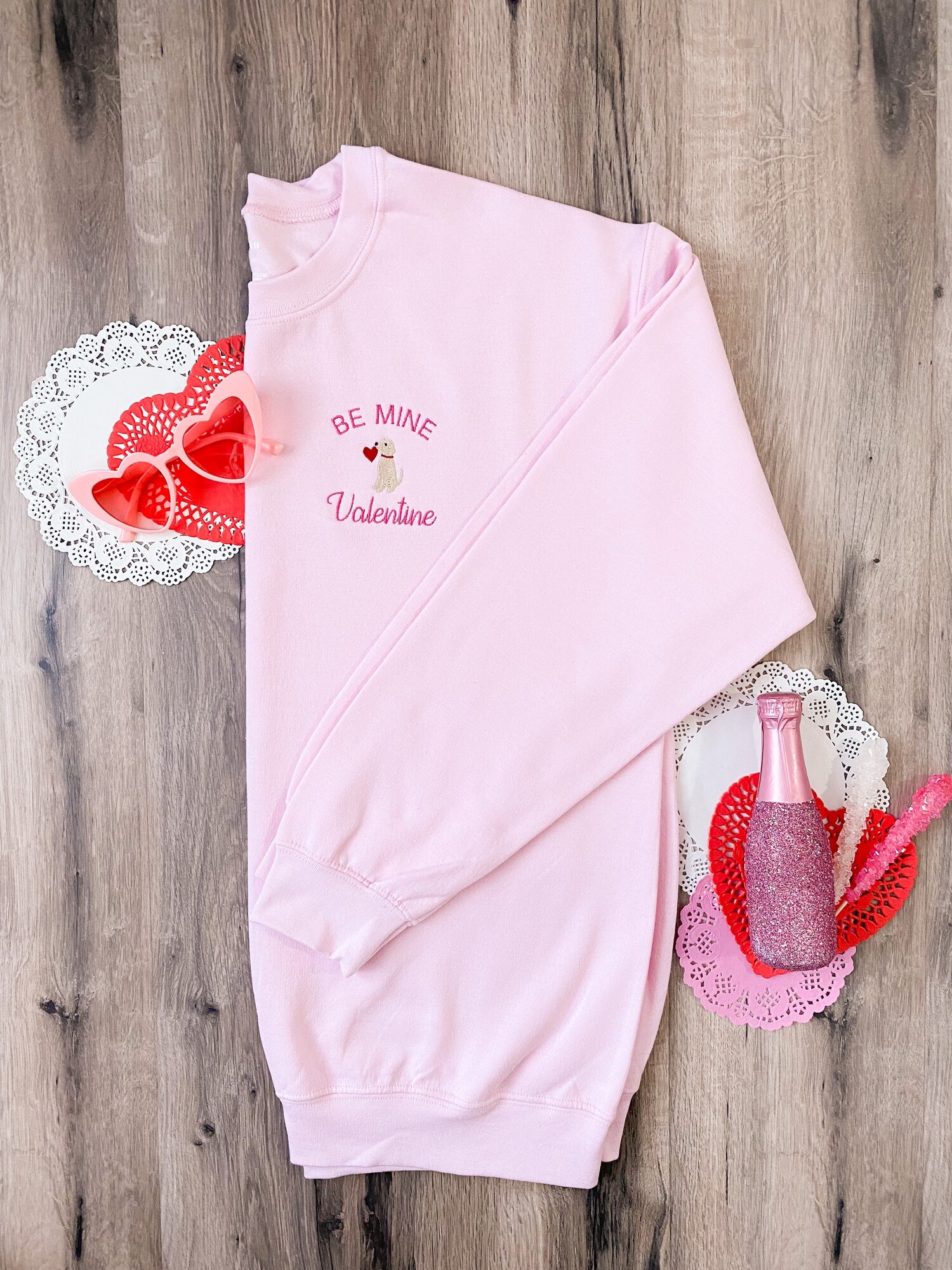 Be Mine Valentine Dog Embroidered Pink Sweatshirt - Gildan Crewneck Valentine's Day Gift image 1