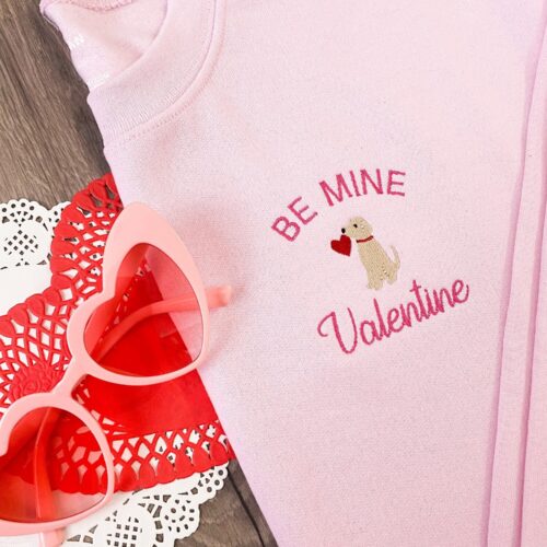 Be Mine Valentine Dog Embroidered Pink Sweatshirt - Gildan Crewneck Valentine's Day Gift image 0