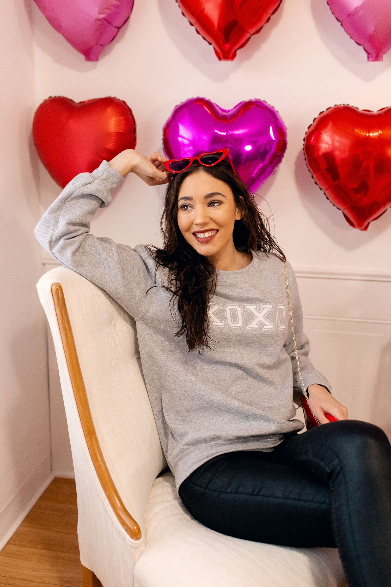 Valentine's Day XOXO Hearts Embroidered Grey Gildan Sweatshirt Galentine Crewneck image 3