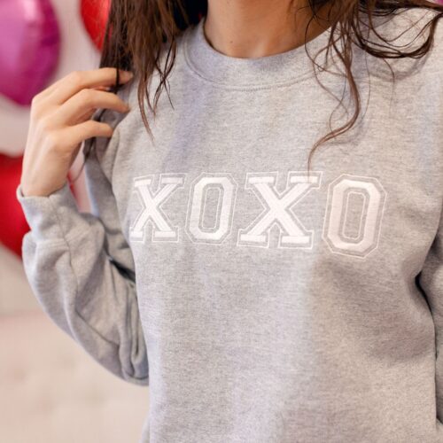 Valentine's Day XOXO Hearts Embroidered Grey Gildan Sweatshirt Galentine Crewneck image 0