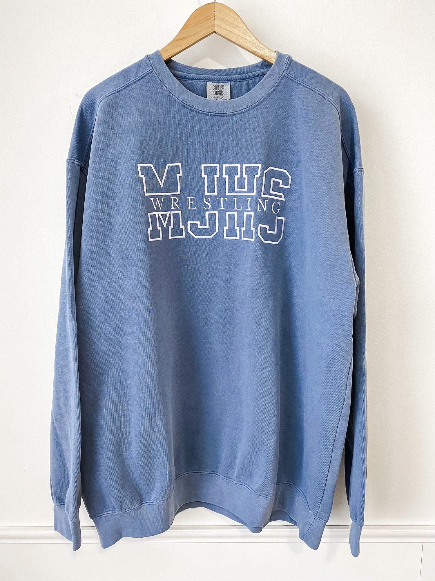 Custom Embroidered Varsity Block Letter Comfort Colors Sweatshirt Personalized College Crewneck Gift image 2