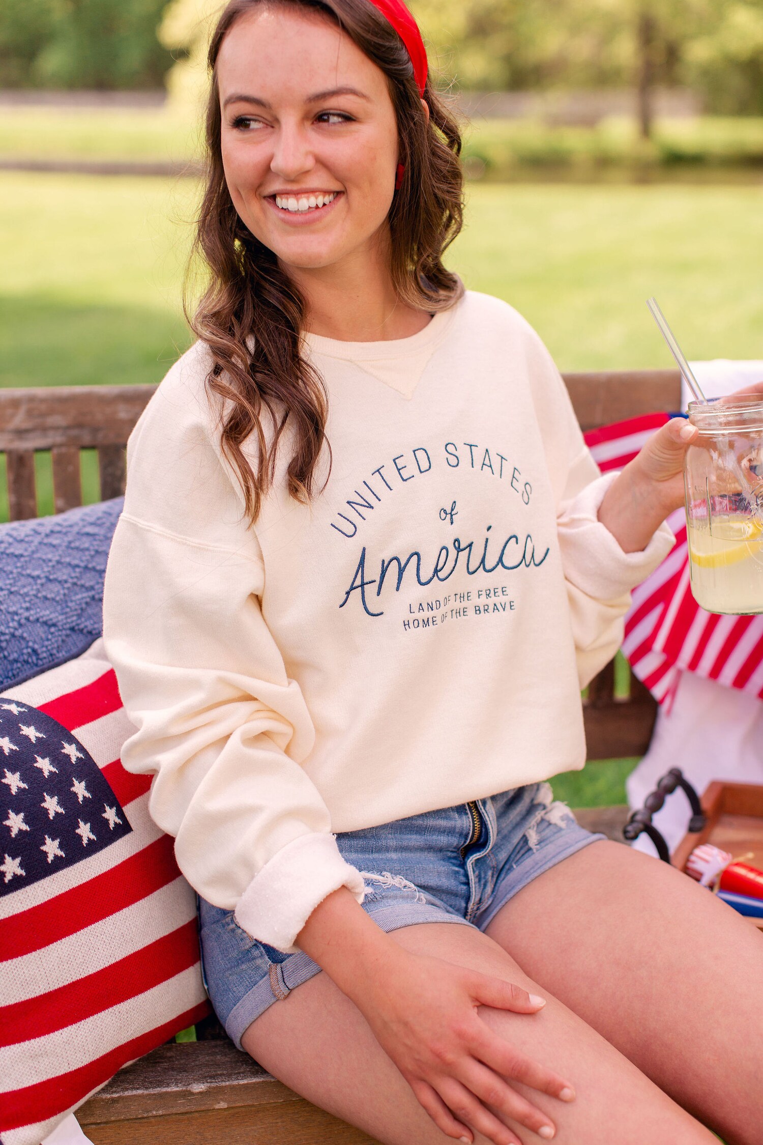 USA Embroidered Comfort Wash Crewneck Sweatshirt Vintage 4th of July Summer Apparel image 2