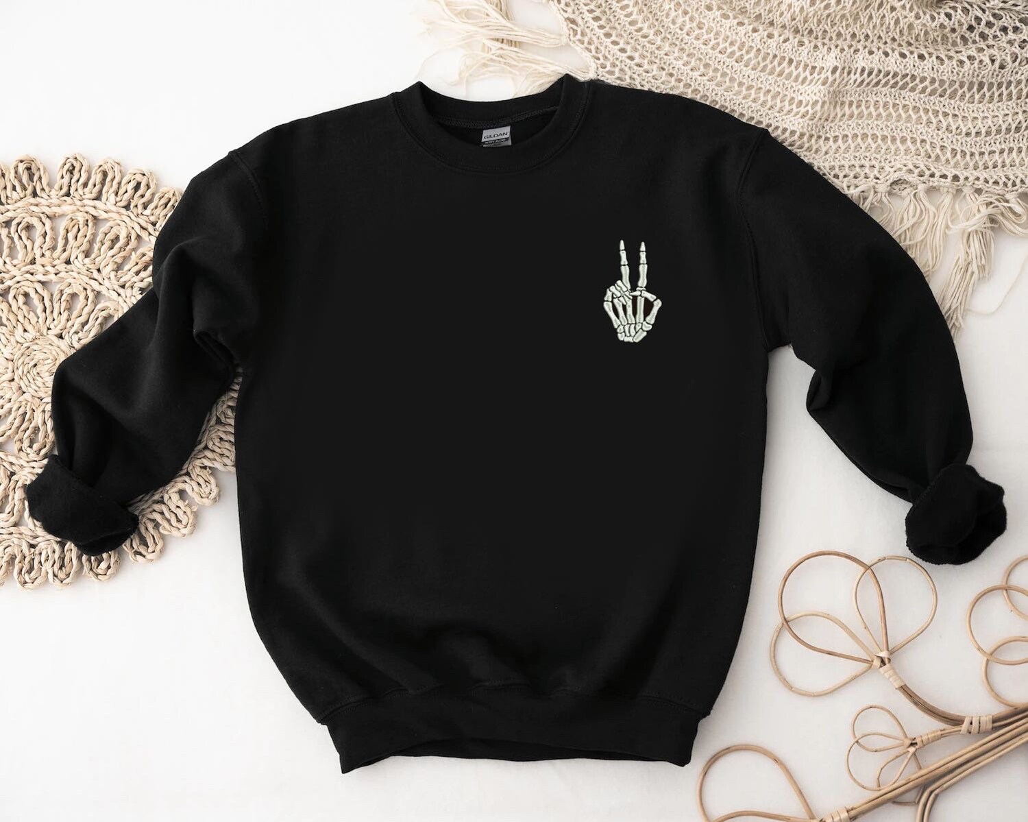 Skeleton Peace Sign Embroidered Sweatshirt Trendy Gothic Apparel for Fall image 1