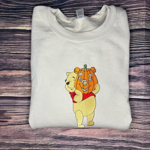 Pooh Bear Halloween Pumpkin Embroidered Sweatshirt Cute Fall Cozy Sweater image 0