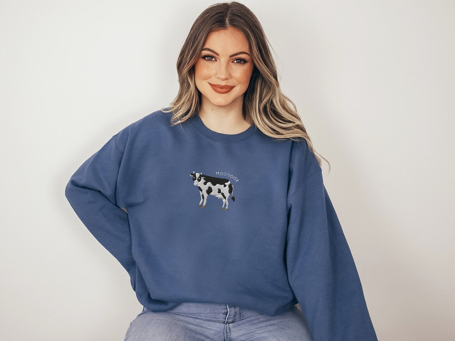 Embroidered Cow Sweatshirt Moody Cow Crewneck Sweater Unisex Gift for Cow Lovers image 5