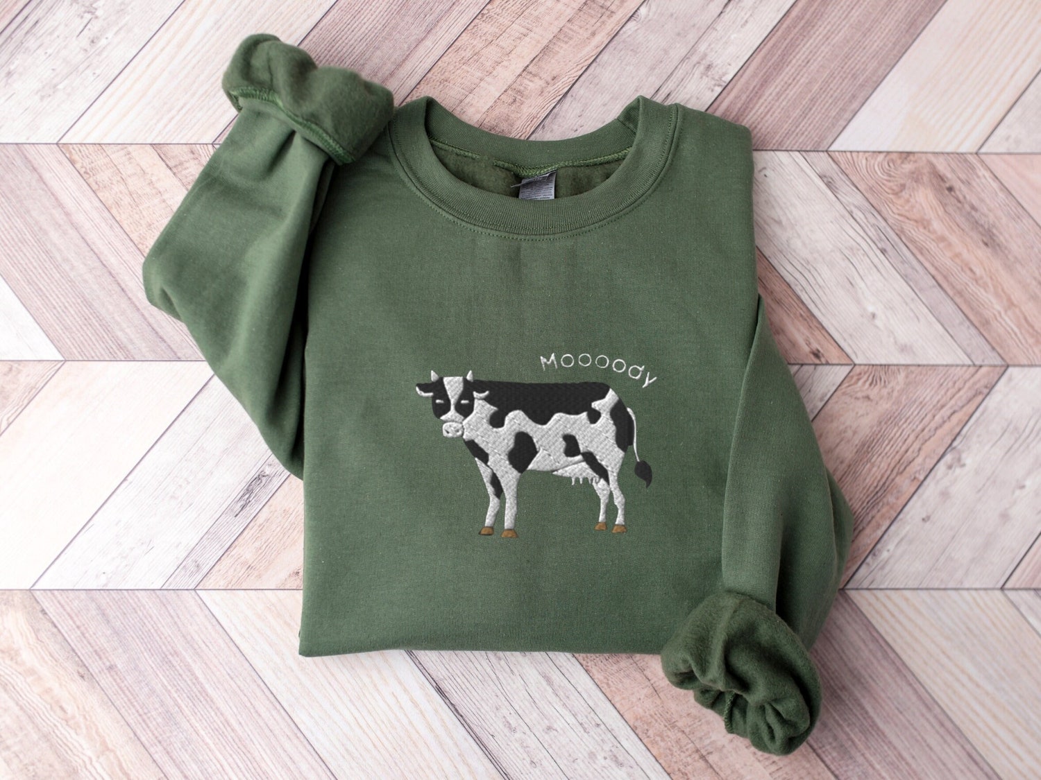 Embroidered Cow Sweatshirt Moody Cow Crewneck Sweater Unisex Gift for Cow Lovers image 1