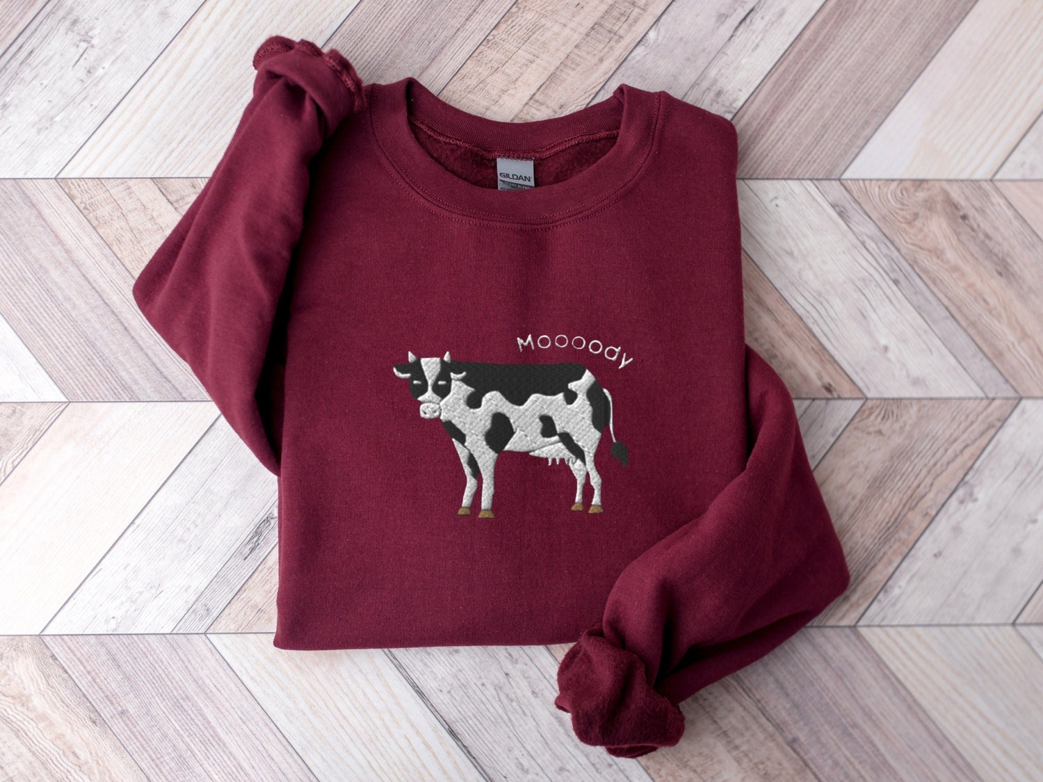 Embroidered Cow Sweatshirt Moody Cow Crewneck Sweater Unisex Gift for Cow Lovers image 4
